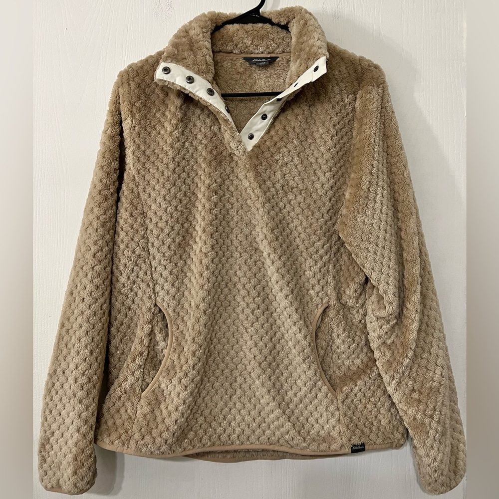 Eddie Bauer Eve Snap Fuzzy Soft Winter Pullover Sweatshirt Tan Women's Medium